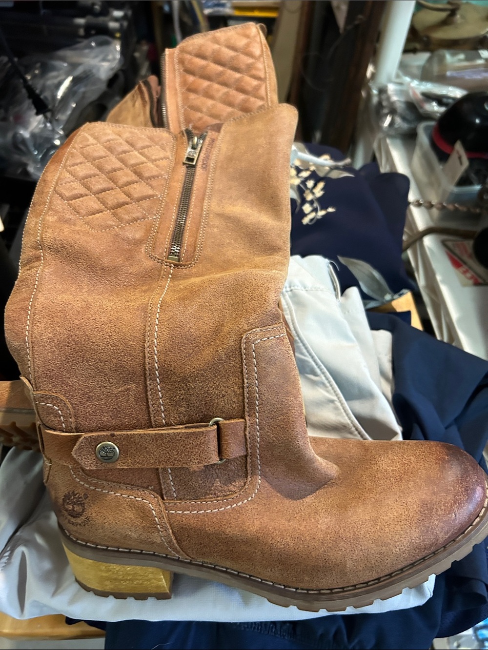 Women's Tan Suede Mid-Calf Heeled Boot with Quilted Shaft